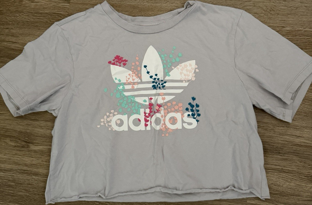 adidas Women's XL Cropped Graphic Logo T-Shirt Light Gray Short Sleeve
