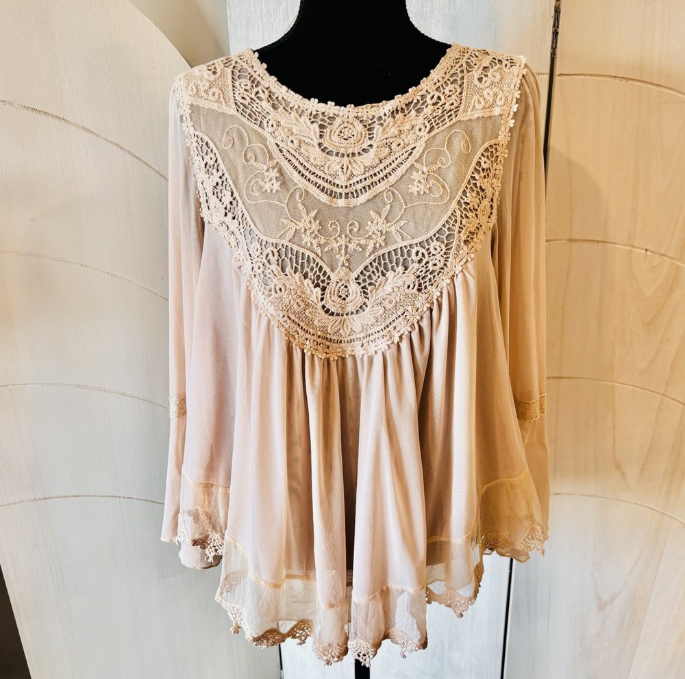Ultra Pink Beige Lace Blouse Size Small Sheer Mesh Floral Trim Romantic Style