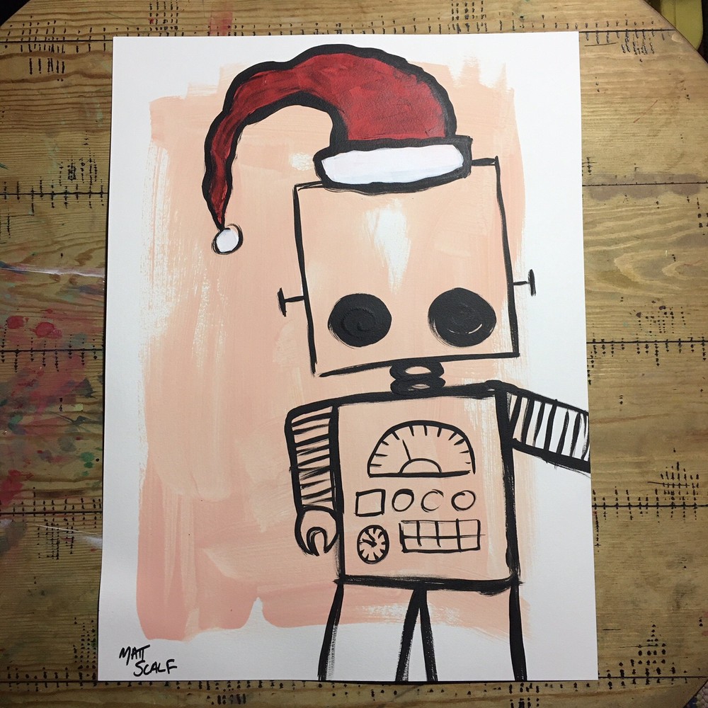 Matt Scalf 18x24 ORIGINAL PAINTING Robot Santa Christmas Street Art Graffiti Pop