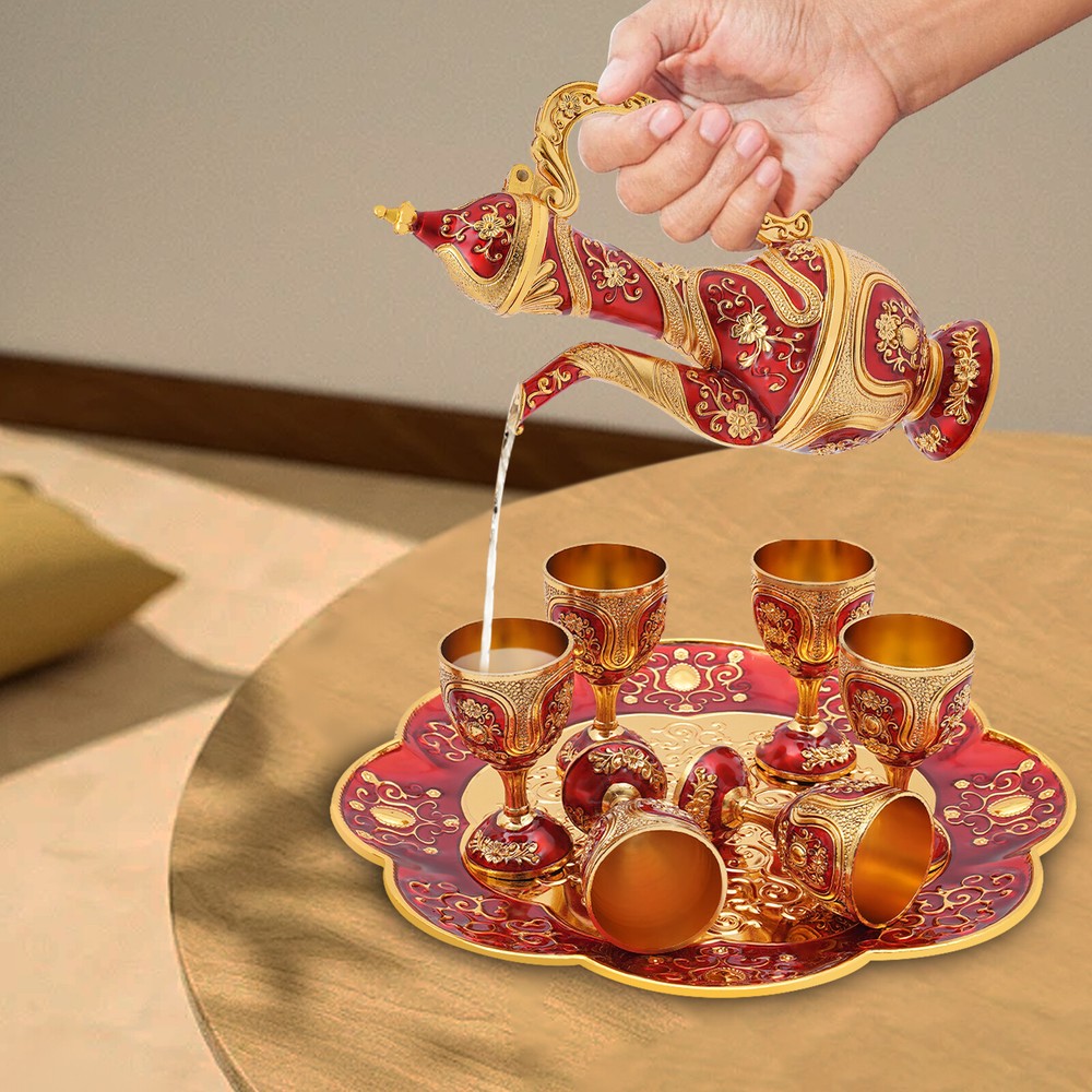 US Vintage Teapot Set Zinc Alloy Tea Coffee Wine Serving w/ Tray+ Teapot +6 Cups