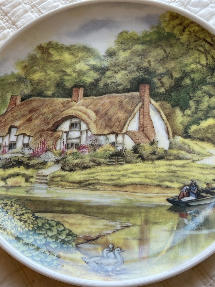 Cottage Core Decor Plate Bassin Water Ladies in Boat Ducks Thatched Roof