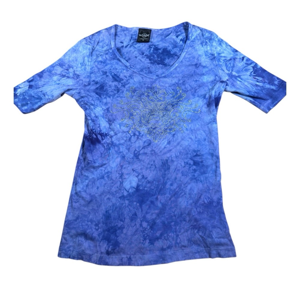 Women’s Baby Tee Blue Tie Dye Rhinestone V Neck Fitted Top XL Made USA Y2K