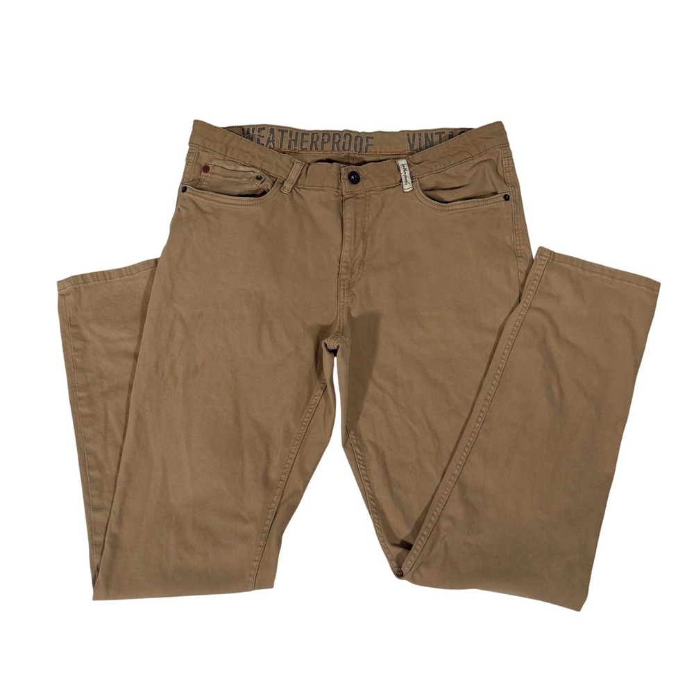 Weatherproof Vintage Mens Slim Fit Tan Khaki Pants 36x32 Stretch 5-Pocket Chinos