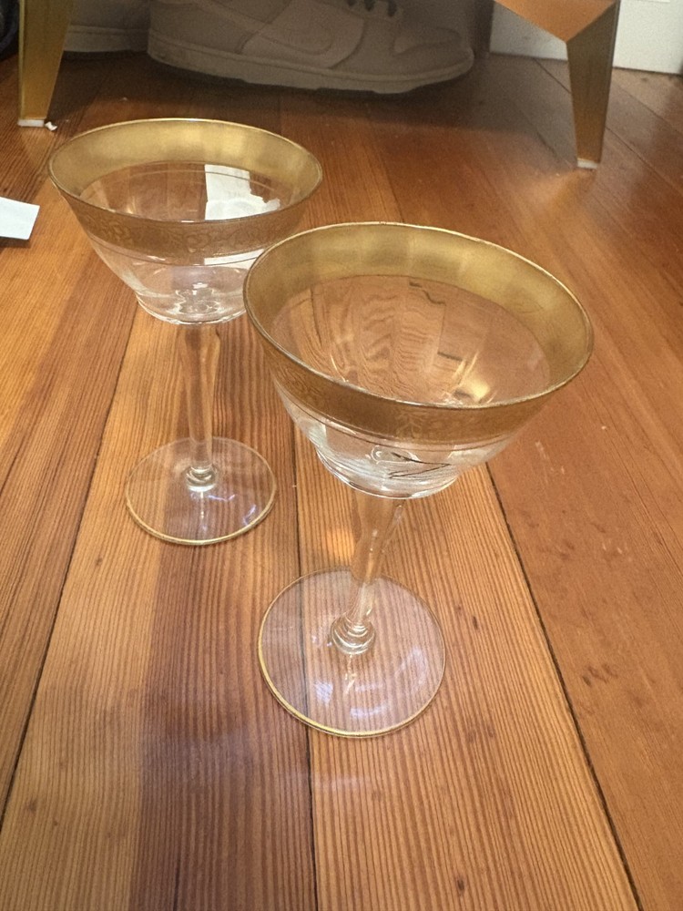 2 Tiffin-Franciscan Minton Clear Gold Encrusted Optic Wine Champagne Glass 3.75