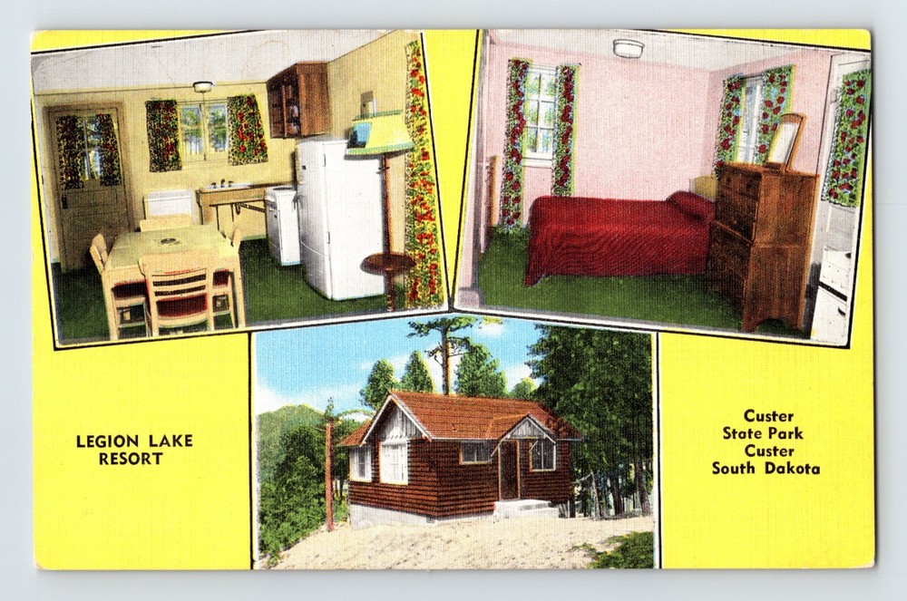 Postcard South Dakota Custer SD Legion Lake Resort Motel 1940s Unposted Linen