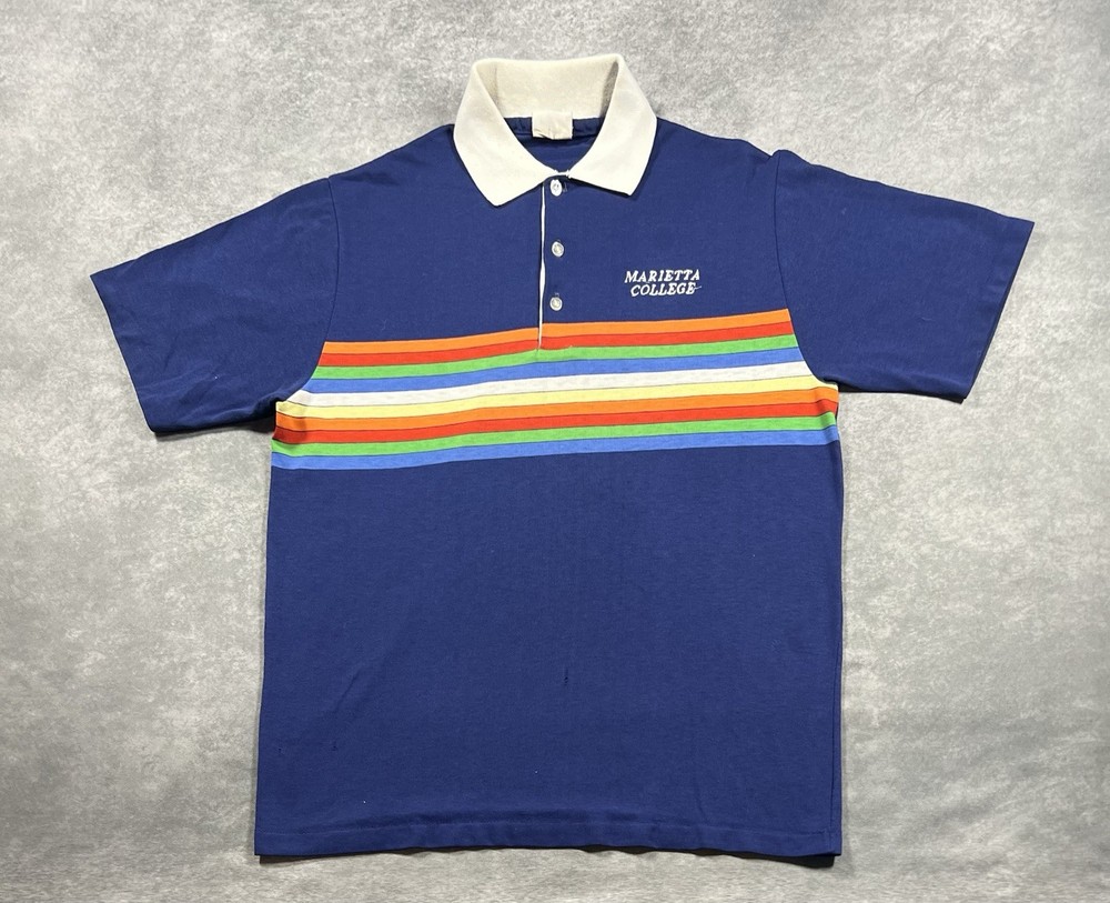 Vintage 70s Velva Sheen Rainbow Striped Polo Shirt Size L Marietta College
