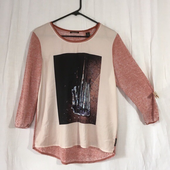 Maison Scotch Amsterdams Blauw Satin Graphic Top Sz Large