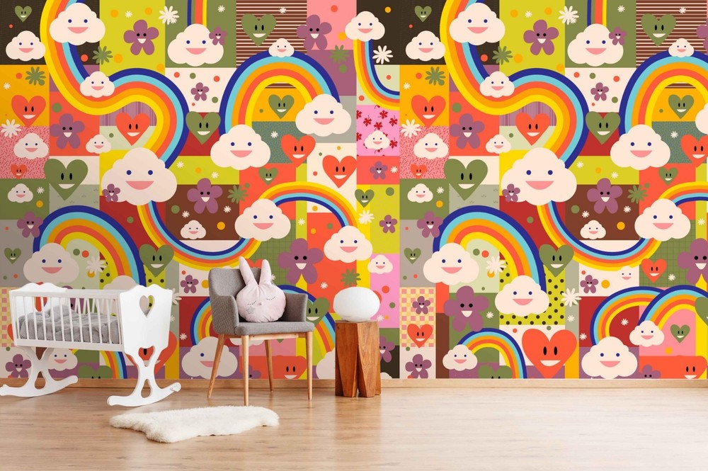 3D Cartoon Rainbow Clouds Flowers Wall Murals Wallpaper Murals Wall Sticker