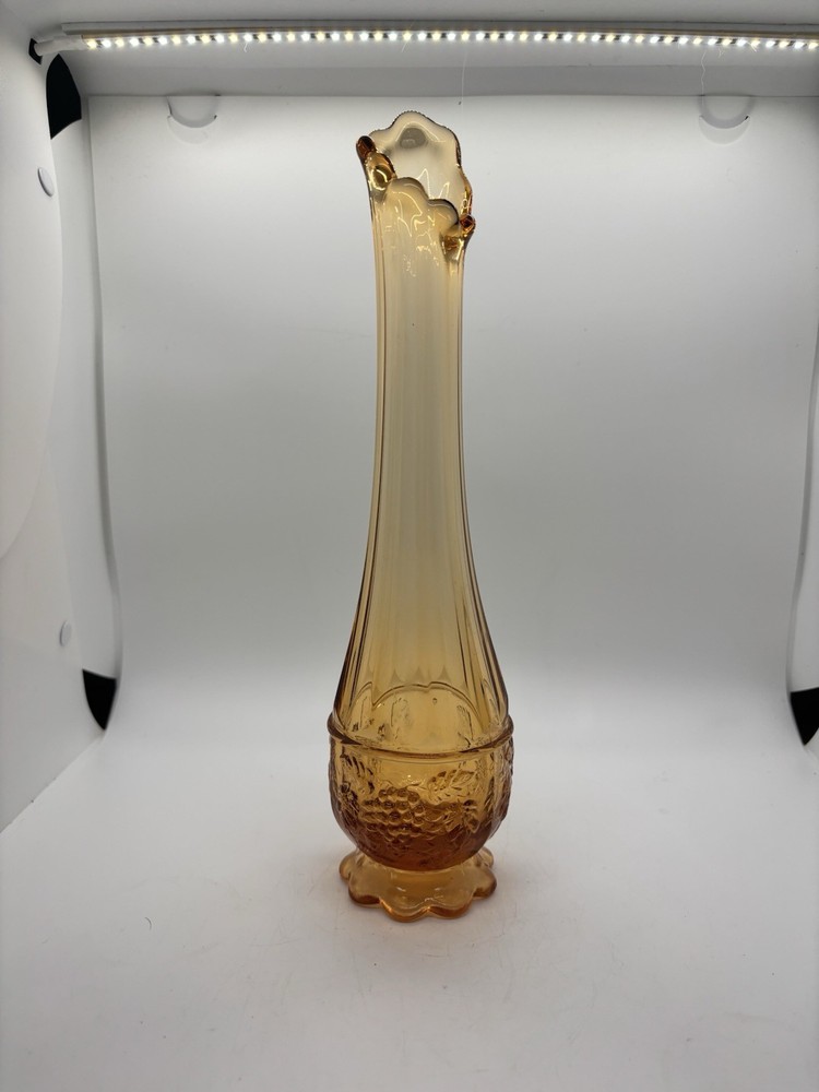 Vintage Westmoreland Handblown Amber Peach Grape Swung Glass Vase 11 Inch  