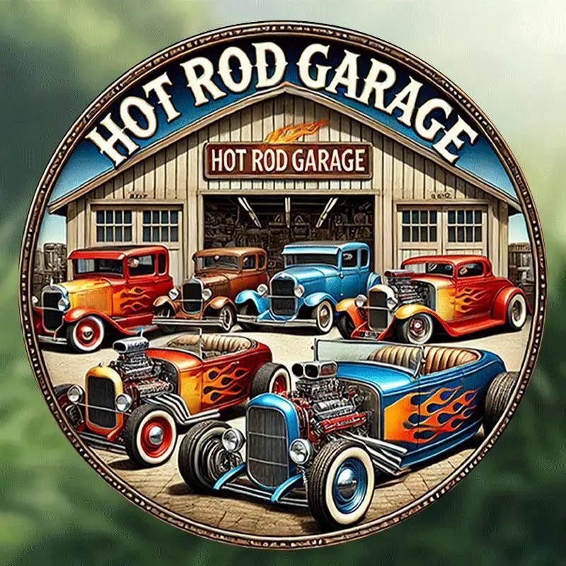 Hot Rod Garage Classic Flame Hot Rod Cars Round Metal Sign Automotive Decoration