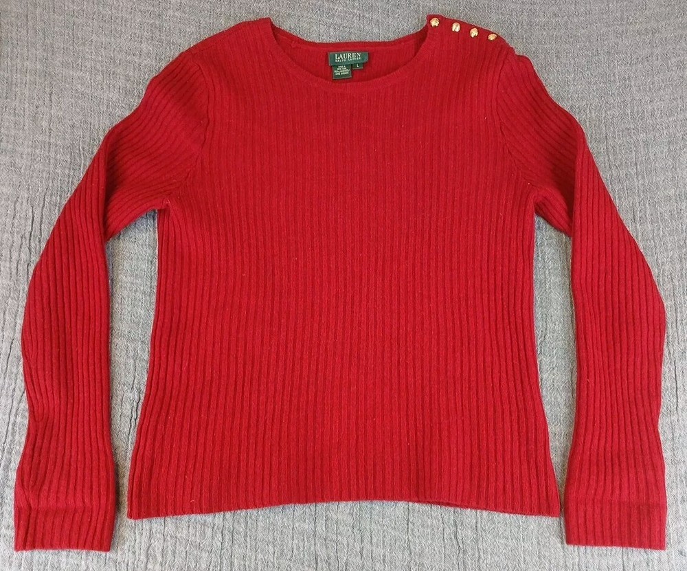 LRL Ralph Lauren Women's L Ribbed Sweater Lambs Wool Red Pullover Button Accent