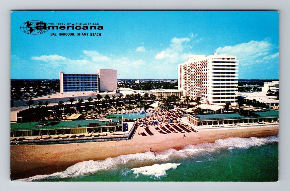 Miami Beach FL-Florida, Aerial Americana Hotel, Advertising, Vintage Postcard