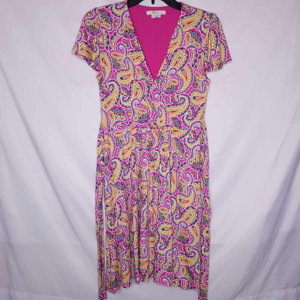 Boden Dress 6P Paisely Pink, Yellow Faux Wrap Evangeline Waist Tie AOP
