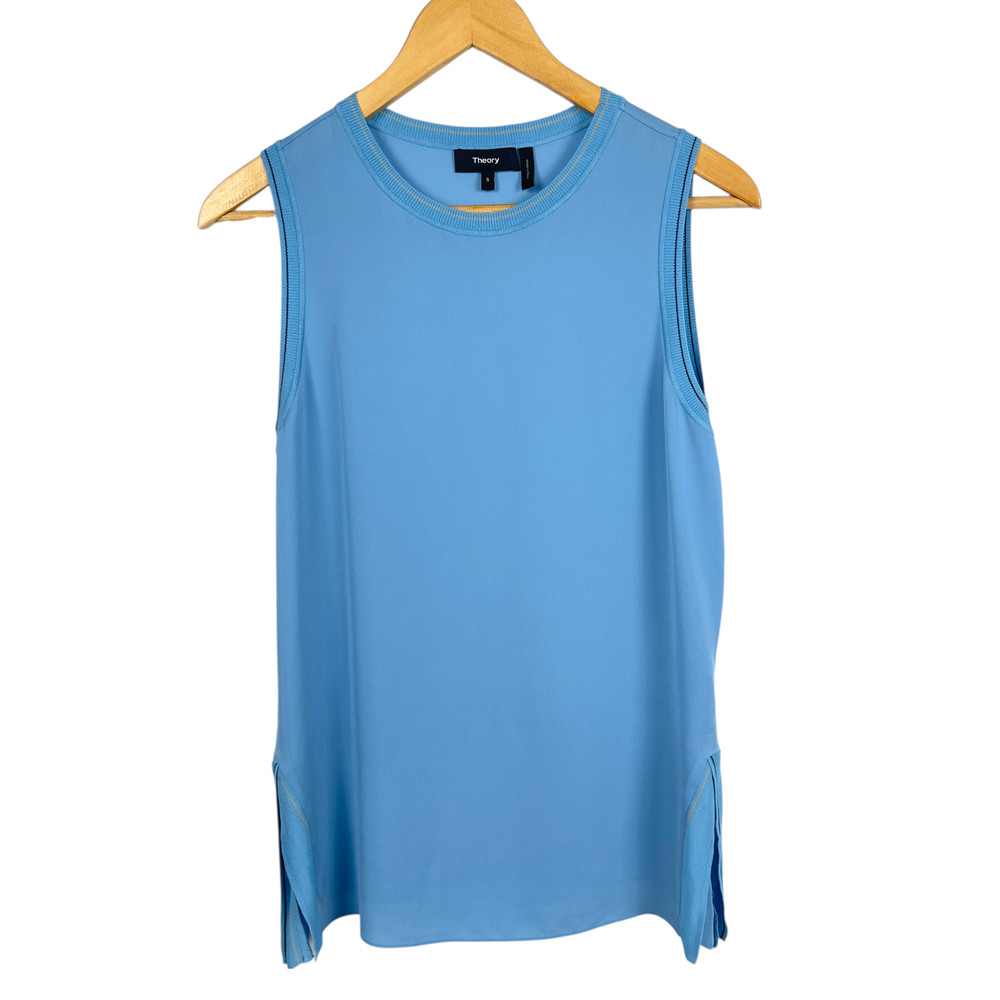 Theory Blue Silk Sleeveless Top Small Side Slits Minimalist Luxury Flowy
