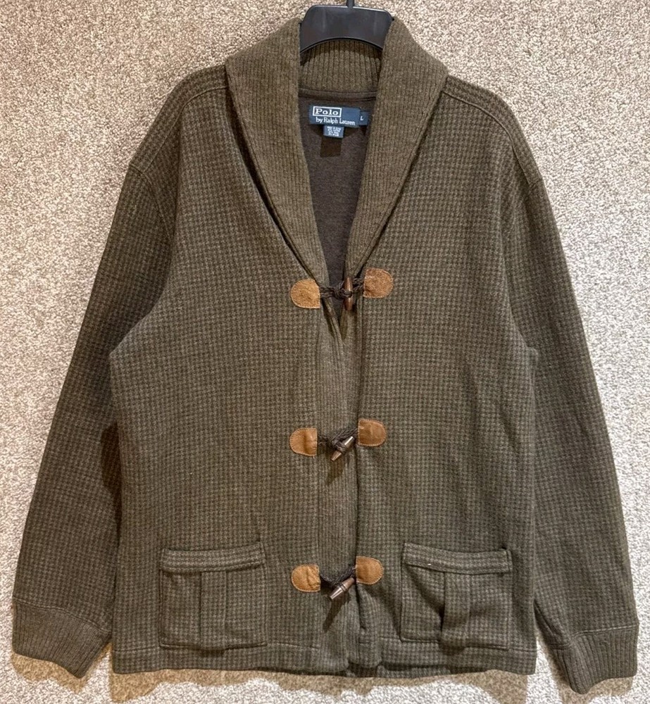 Polo Ralph Lauren Mens Sz Large Houndstooth Elbow Patch Cardigan Sweater Toggle