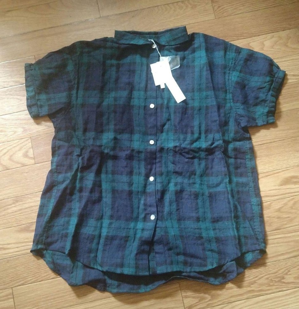 ichi Linen Short Sleeve Blouse Green Tartan Check Free Size