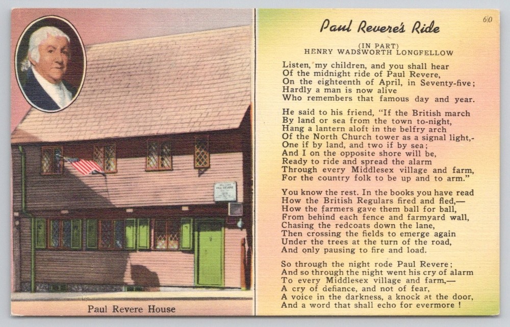 Paul Revere House Boston MA Poem Tichnor Vintage Postcard Unposted