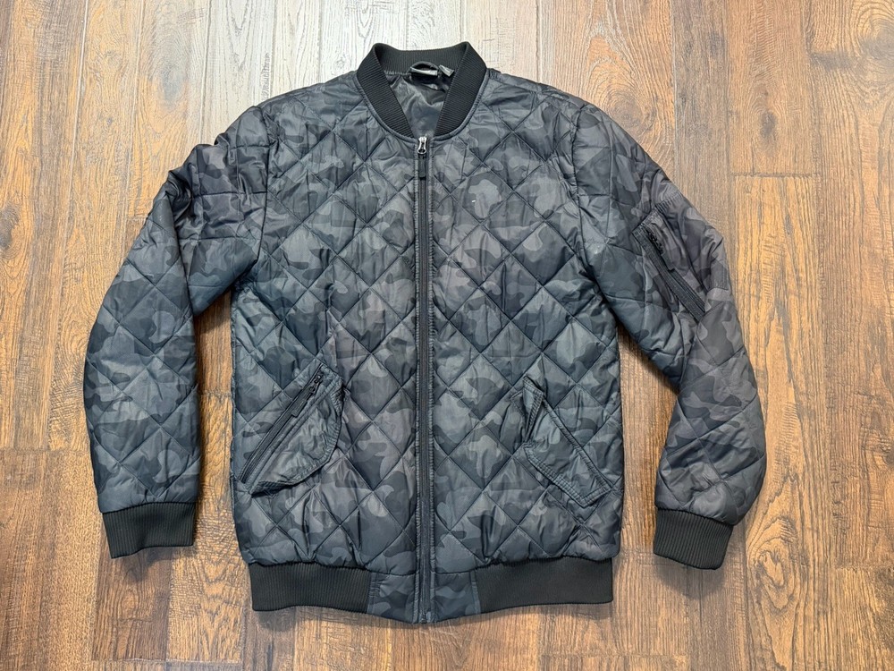 New Balance Quilted Puffer Bomber Jacket Mens Medium Black Camo Military Lined