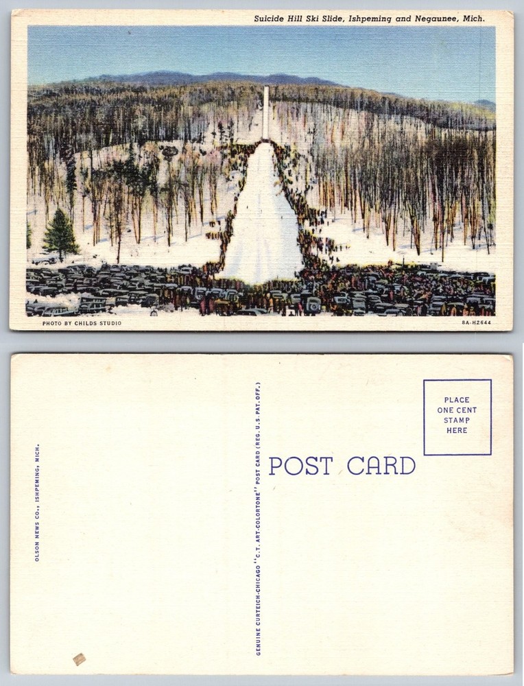 Suicide Hill Ski Slide Ishpeming Negaunee Michigan Curteich Postcard 1940s