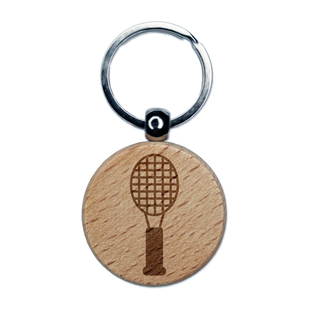 Engraved Wood Tennis Racket Keychain Charm Doodle Design