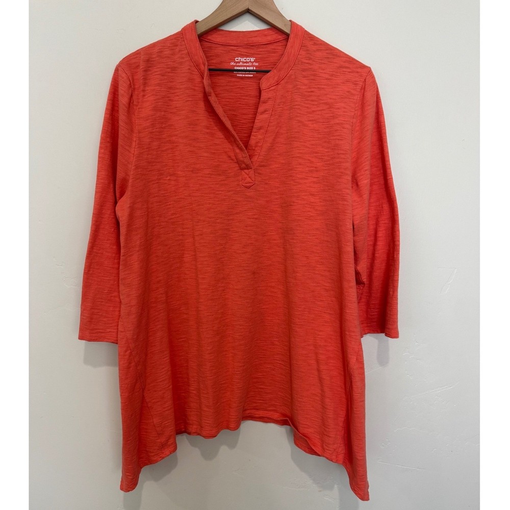 Chicos the Ultimate Tee Size 3 Orange Slub Knit Split Neck Sharkbite Hem XL