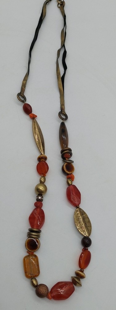 Coldwater Creek Beaded Necklace Ribbon Plastic Metal READ