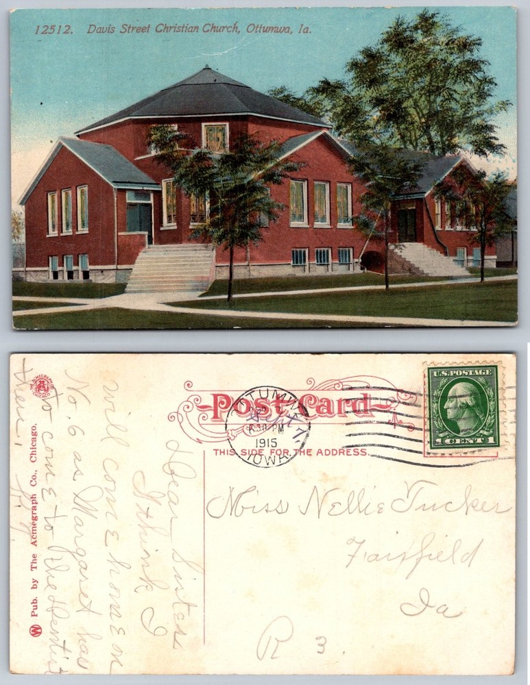 Vintage 1915 Davis Street Christian Church Ottumwa Iowa Postcard