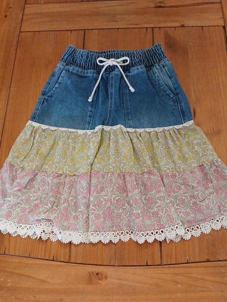 Upcycled Denim Floral Tiered Skirt XS Lace Boho Cottage Western Fairy Peasant