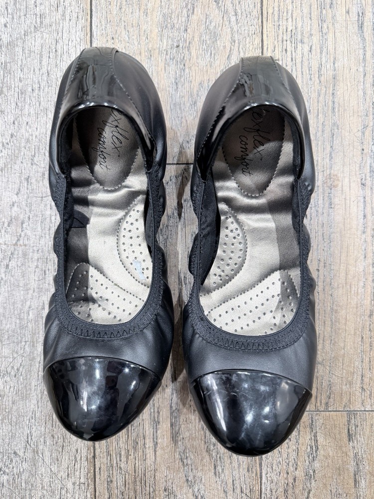 Dexflex Comfort Claire scrunch ballet flats black patent toe cap Size 9