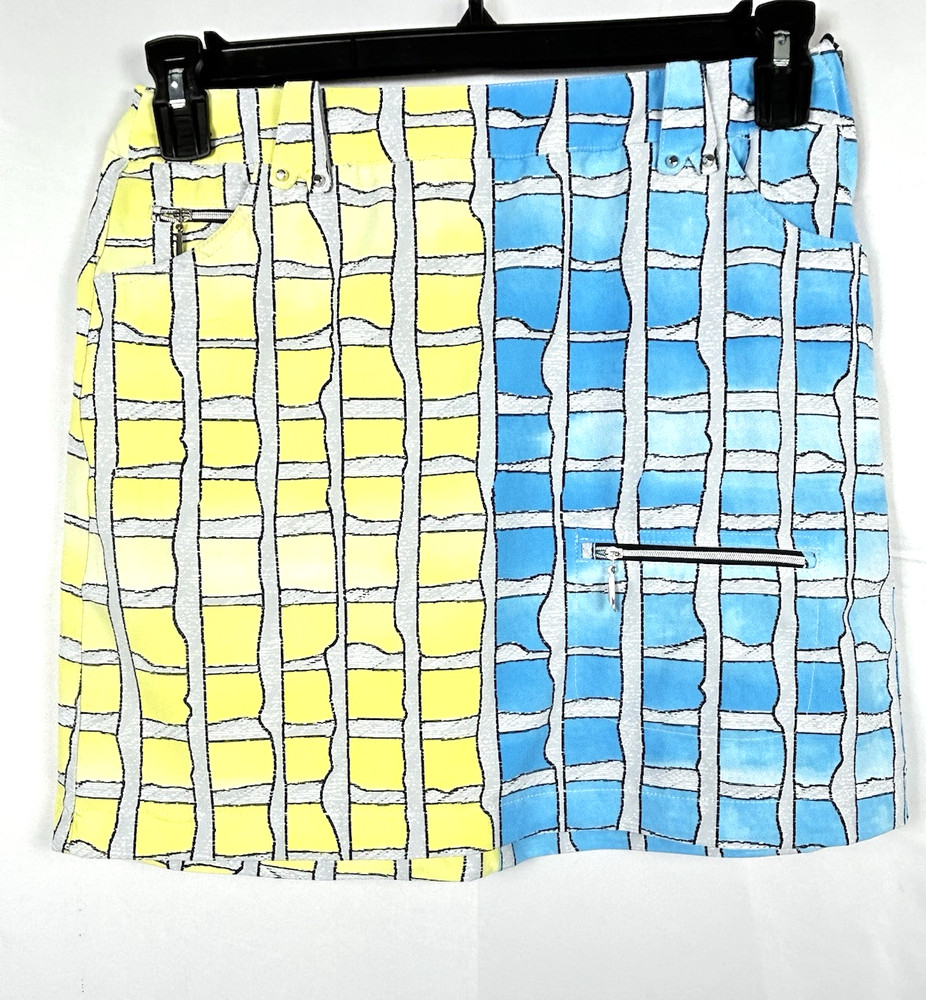 Jamie Sadock Golf Skirt Size 4 Blue yellow Print Side Zip Abstract Plaid Print