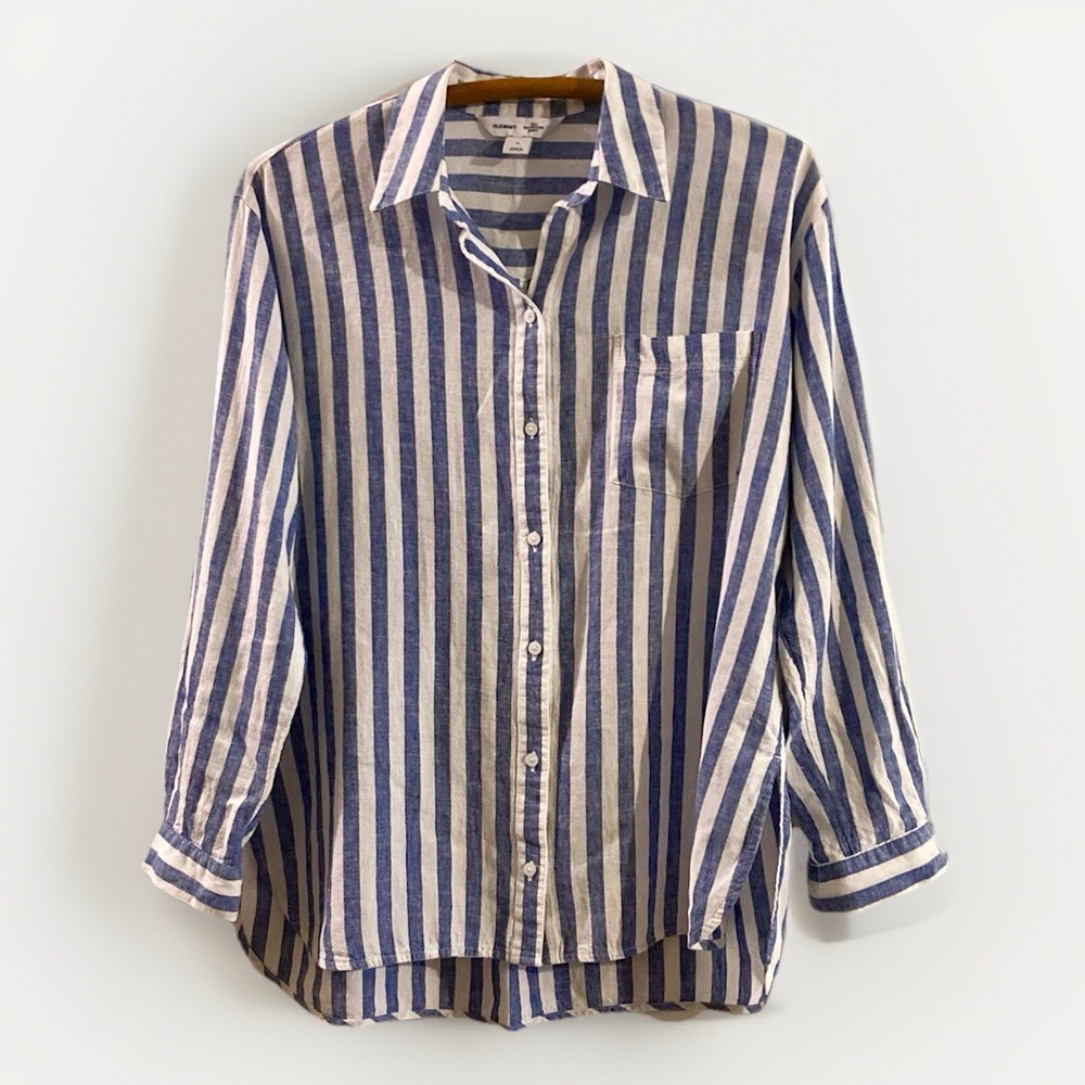 Old Navy The Boyfriend Shirt Size M Blue & White Stripe Linen Blend Lagenlook