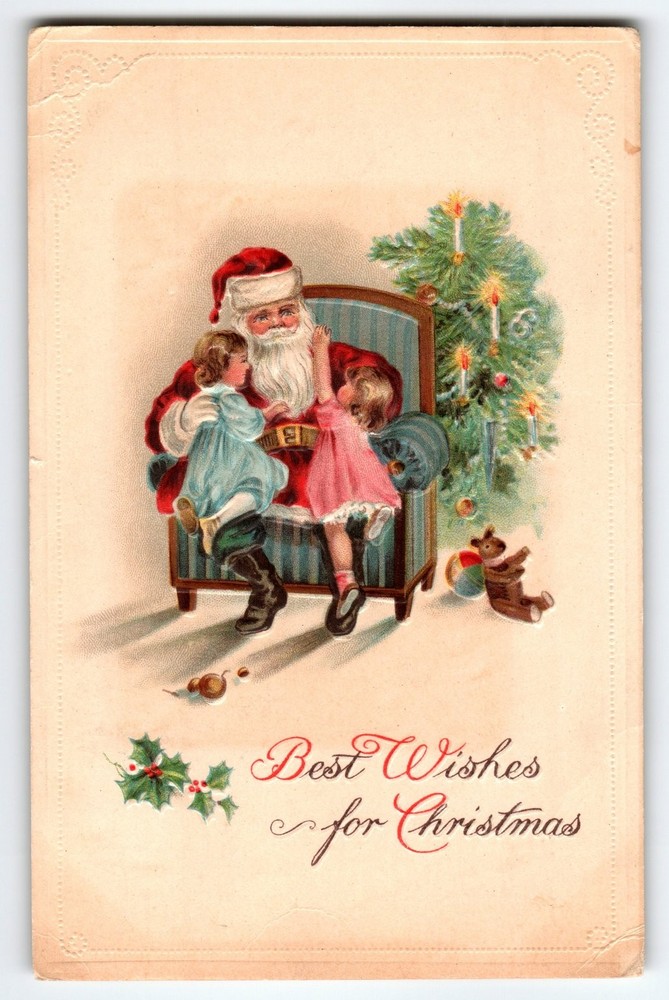 Vintage Santa Claus Christmas Postcard with Children & Tree, 1910s Embossed
