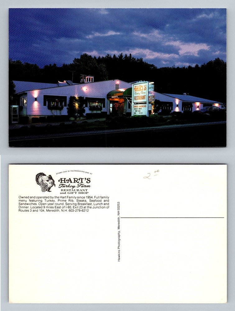Meredith, NH-New Hampshire, Harts Turkey Farm Restaurant Night Vintage Postcard
