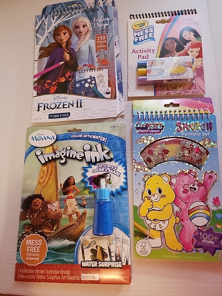 Lot Of 4NEW Spiral Activity Books Ink,stickers Stencil Disney CareBears,Frozen