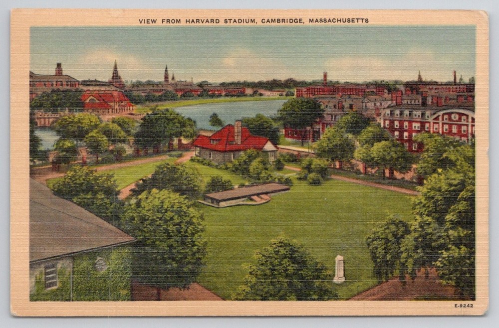 Vintage Harvard Stadium Cambridge MA Postcard - Charles River View Linen