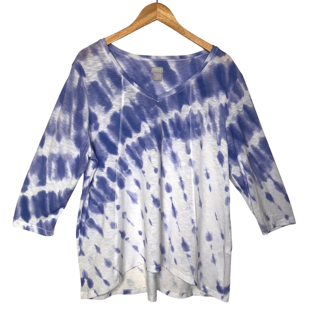Chico's Zenergy Top Purple White Tie Dye V Neck 3/4 Sleeve XL Beach Loungewear