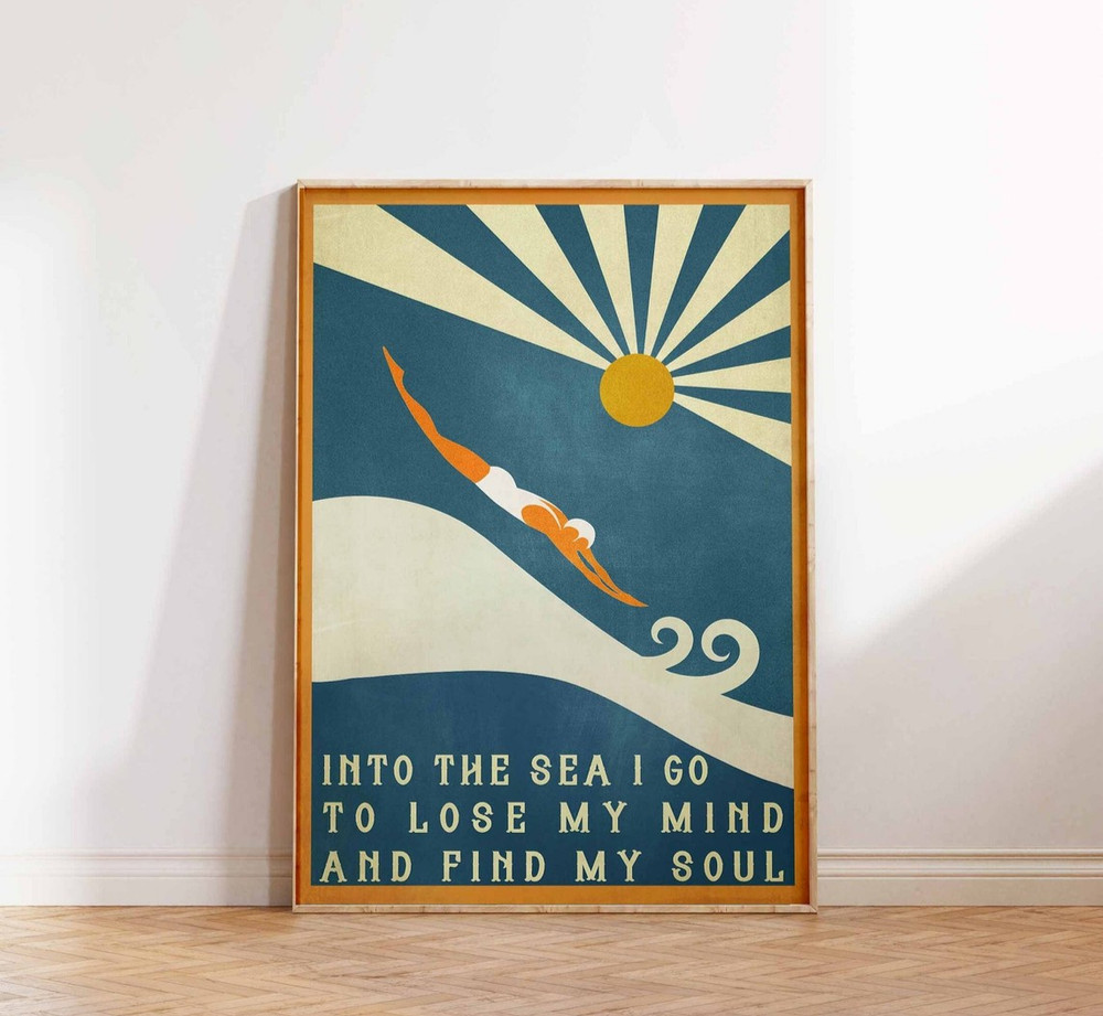 Into the Sea I Go Wall Art Print, Vintage Diver Swimming Quote Poster