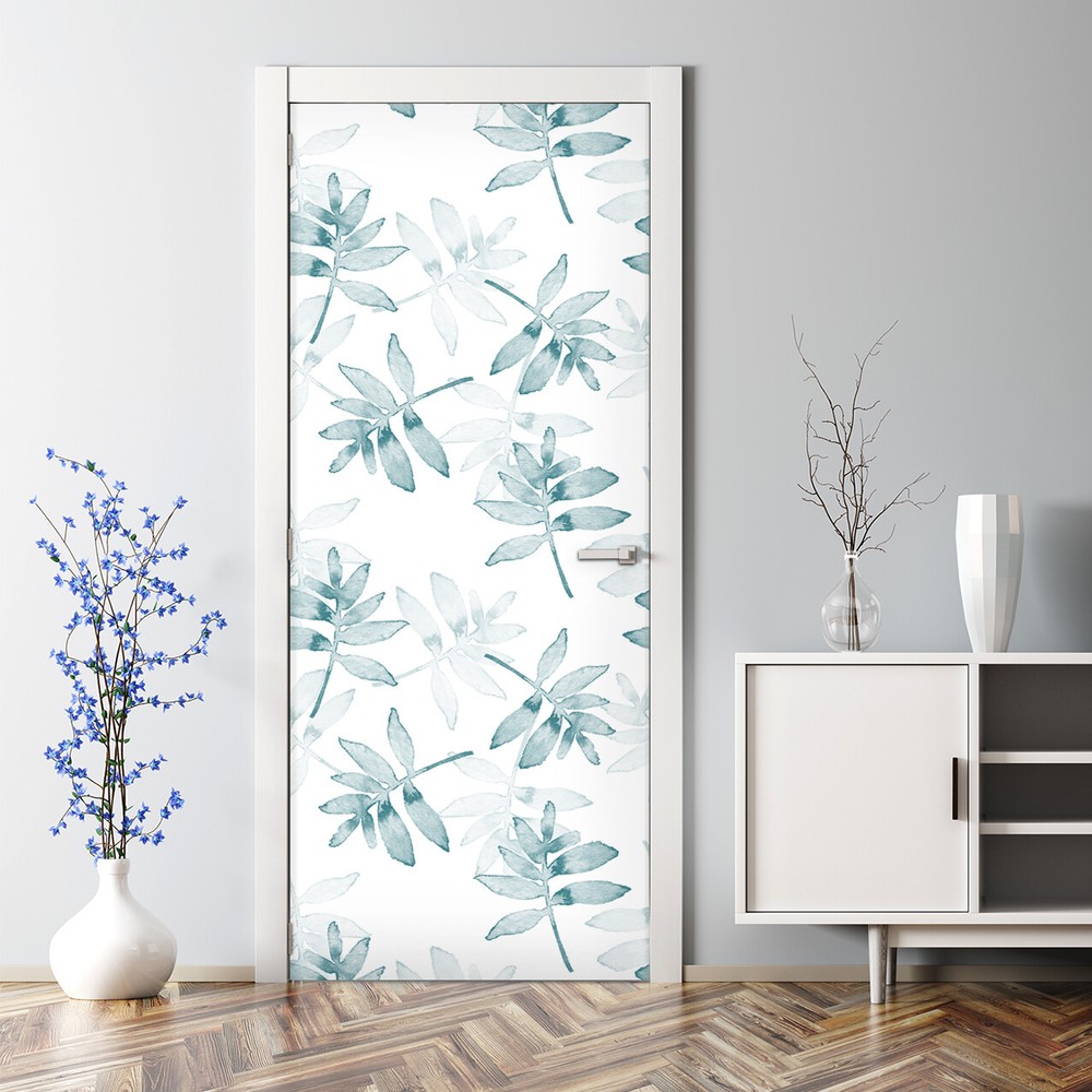 Blue Leaf Tropical Branches Repositionable Bubble-Free Door Decal
