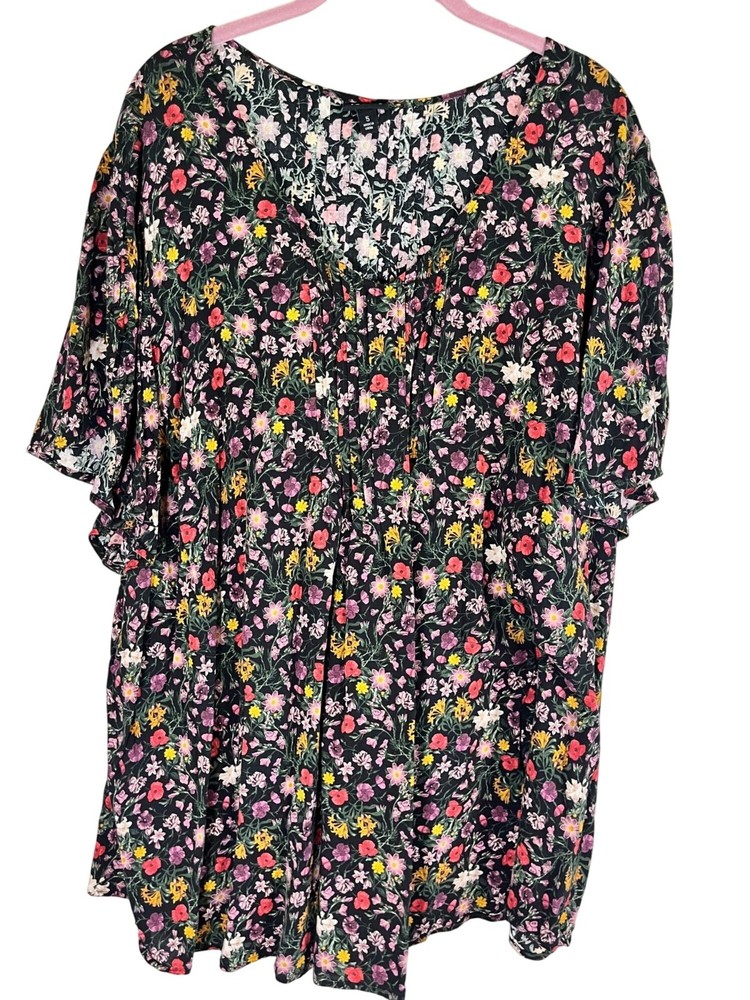 Colorful Floral Tunic Top Black 5X Boho Indie Folk Peasant Western Retro Chic