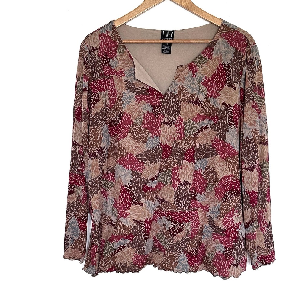 INC International Concepts Plus Shirt Women’s 2X Geometric Boho Long Sleeve Top