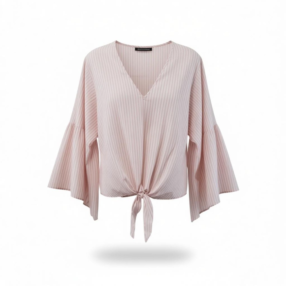 Lavender Field Top Women Medium Pink White Boho Cotton Bell Sleeve V Neck Blouse