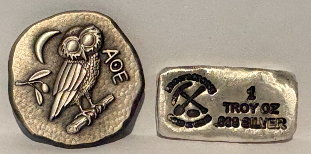 2 oz .999 Fine Silver Hand Poured Bar & round