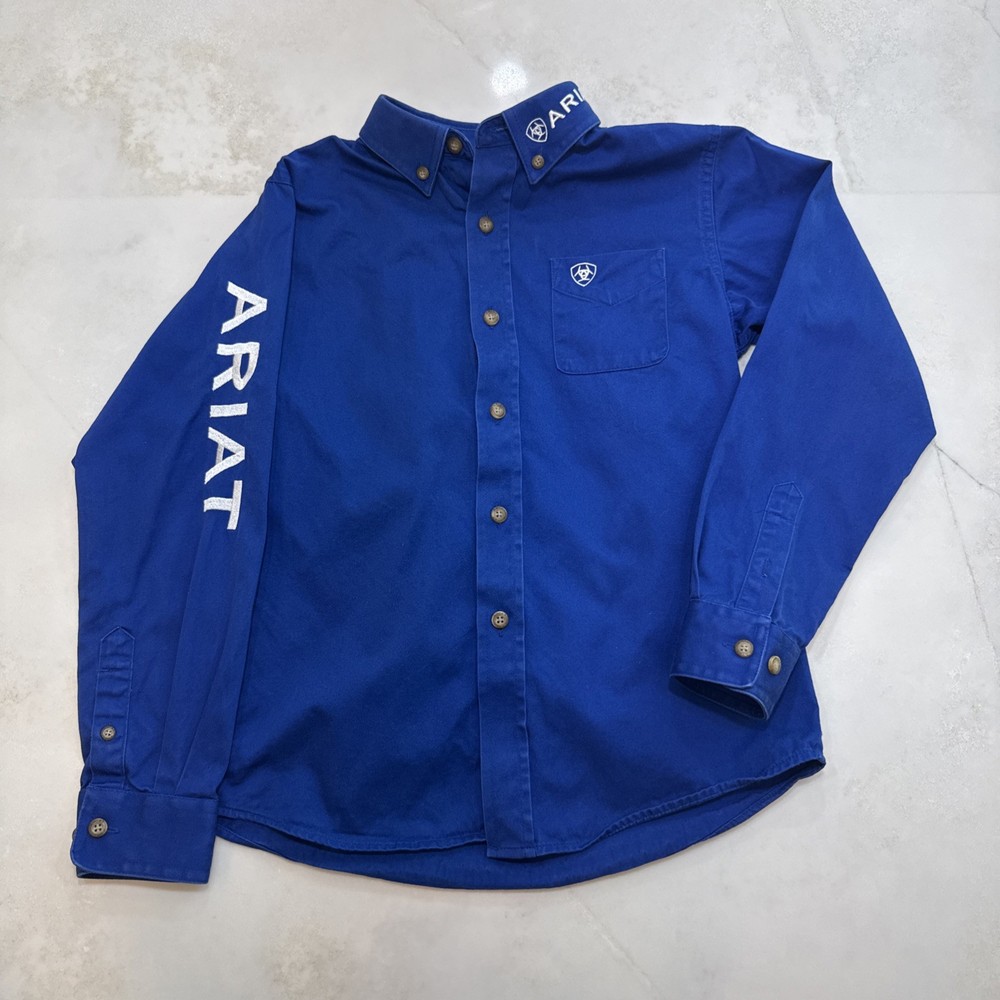 Ariat Boys Button Down Shirt Blue Logo Long Sleeve Western Youth S 8