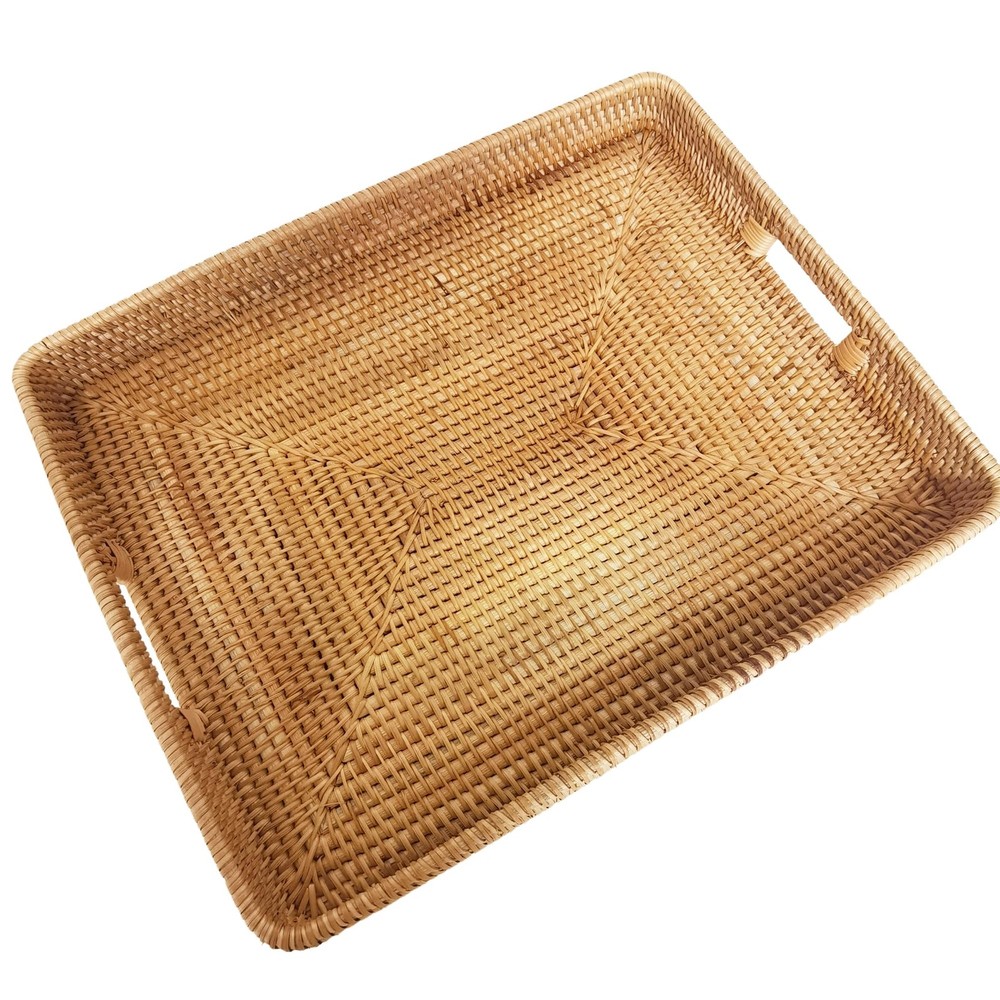 20 Inch Handmade Rectangular Countertop Serving Tray with Cutout Handles Rustic Style