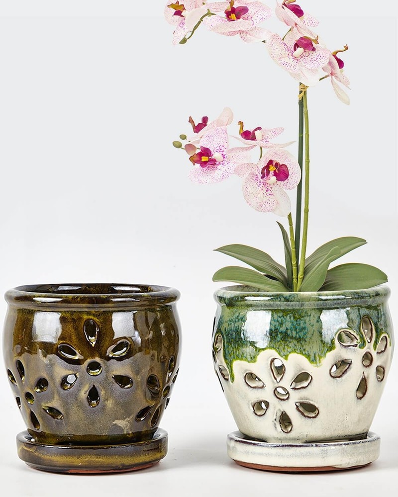 4 Inch Ceramic Orchid Pots with Holes and Saucers - 2 Pcs Small Succulent Pot