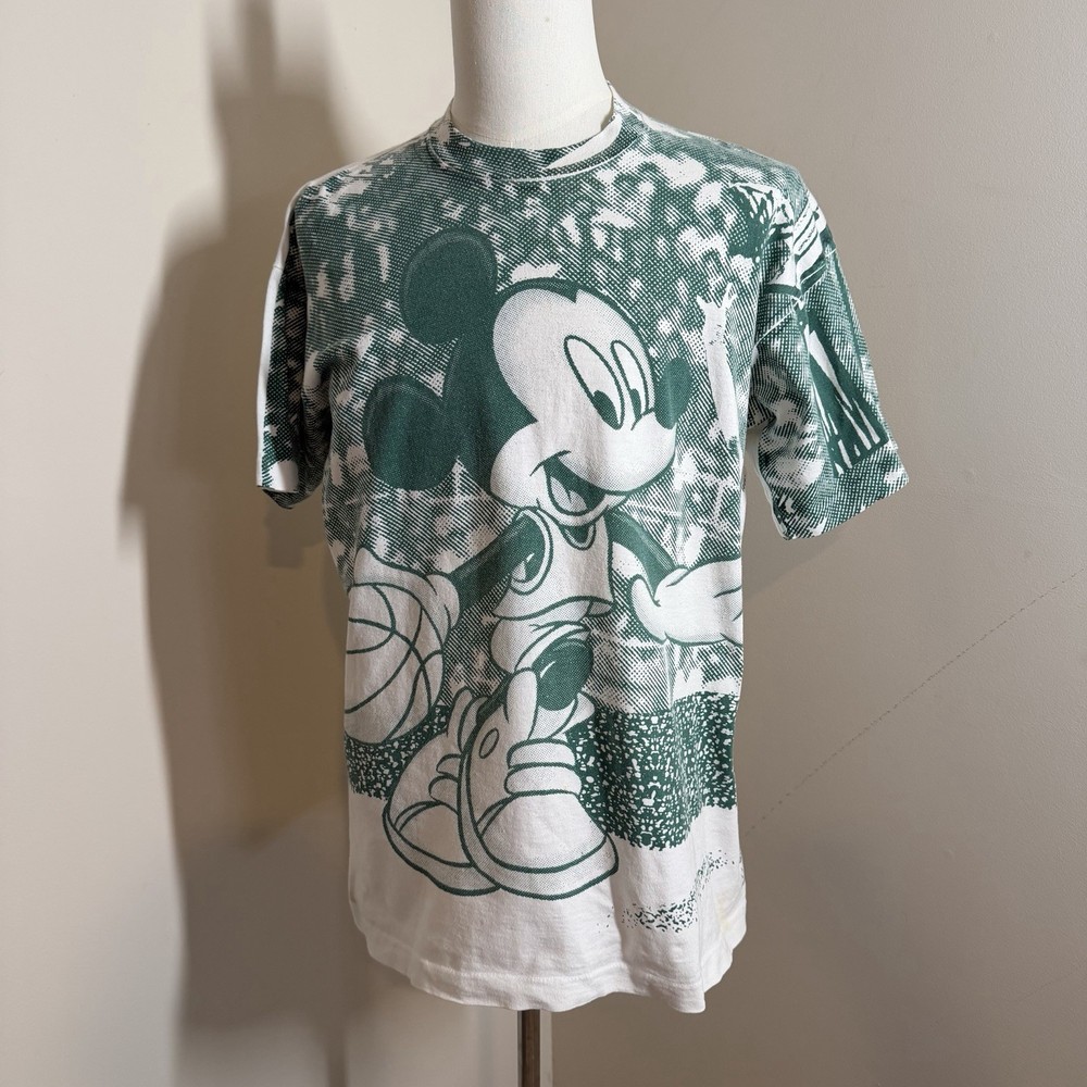 Vintage Disney Men’s Mickey Mouse Graphic T-Shirt-SZ XL-Basketball Green & White