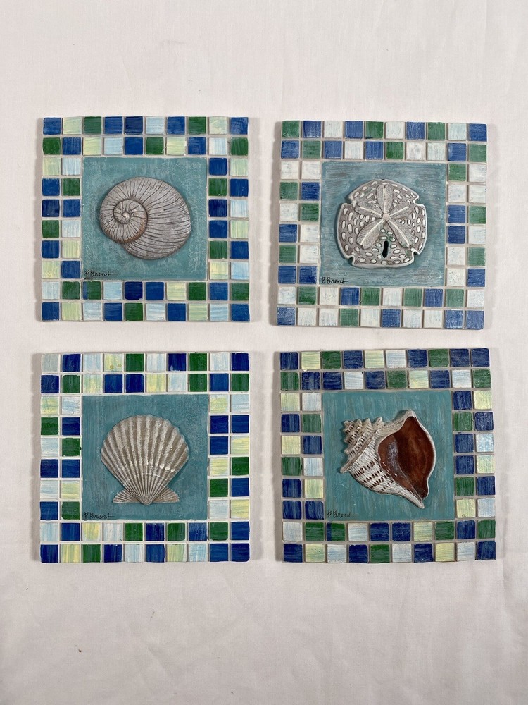 Lot of 4 Mosaic Sanddollar Tile Paul Brent Beach Sea Shell Themed Wall Decor 102