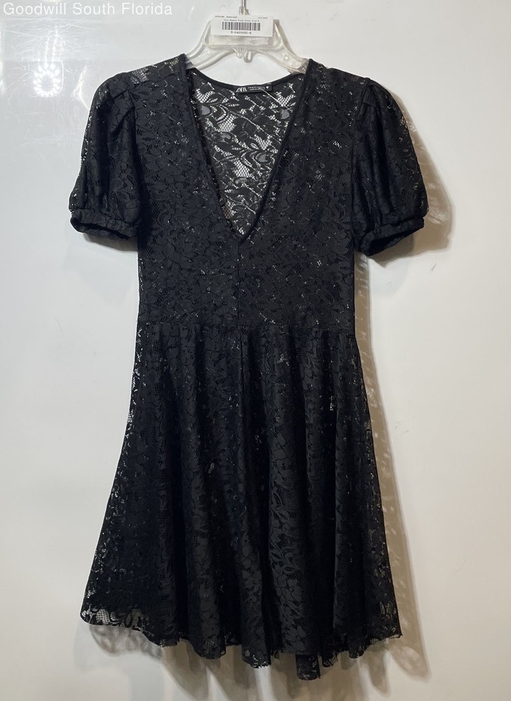 Zara Womens Black Short Puff Sleeve Deep V-Neck Lace Fit & Flare Dress Size M