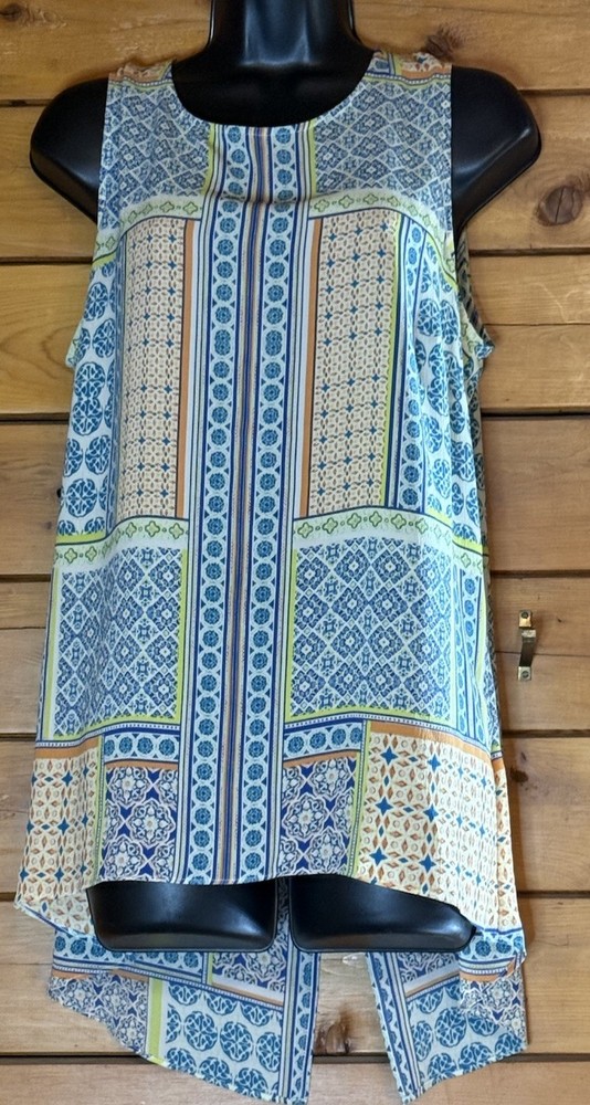 Rose + Olive Geometric Mosaic High Low Tank Top Blue Green Boho Size L