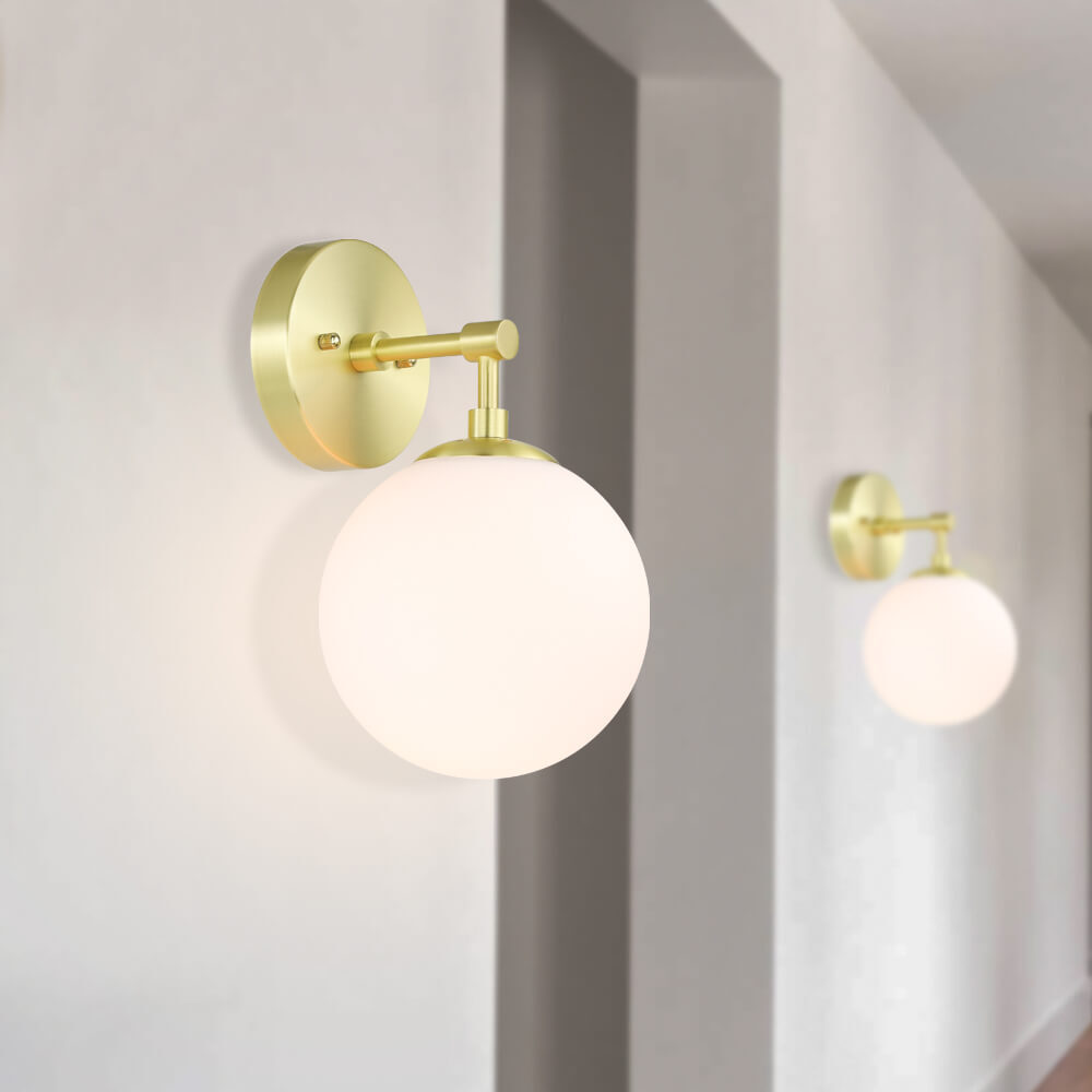 Globe Wall Sconces with White Glass in Satin Brass Vintage Vanity Lights